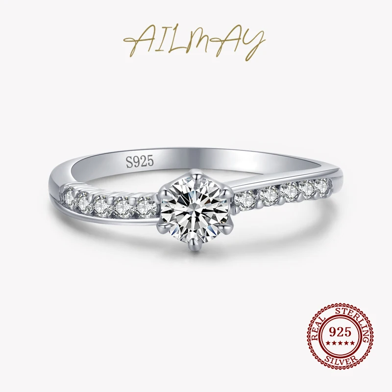 Ailmay Reálne 100% Pevné 925 Sterling Silver Jednoduché Kolo Jasné, CZ Prst Prstene Pre Ženy 2021 Luxusné Svadobné Šperky Darček