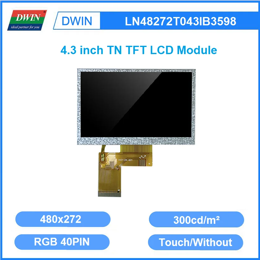 DWIN 4.3 Palcový 480x272 300nit 24bit RGB 40PIN TN TFT LCD Modul Odporové, Kapacitné Dotykové LN48272T043IB3598