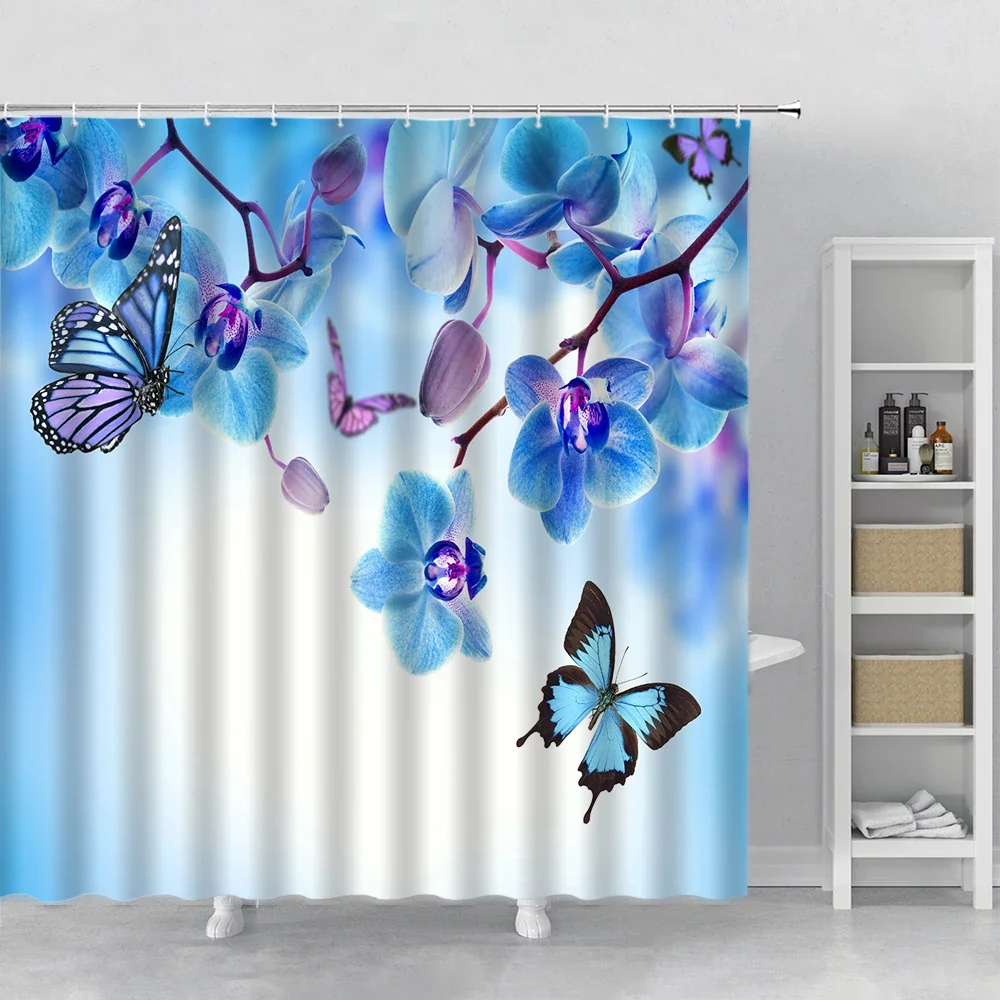 Motýľ Kvet Sprchový Záves Vaňa Príslušenstvo Polyester Textílie Kúpeľňa Opony Modrá Kvetinový Rastlín Na Jar Scenérie Domova