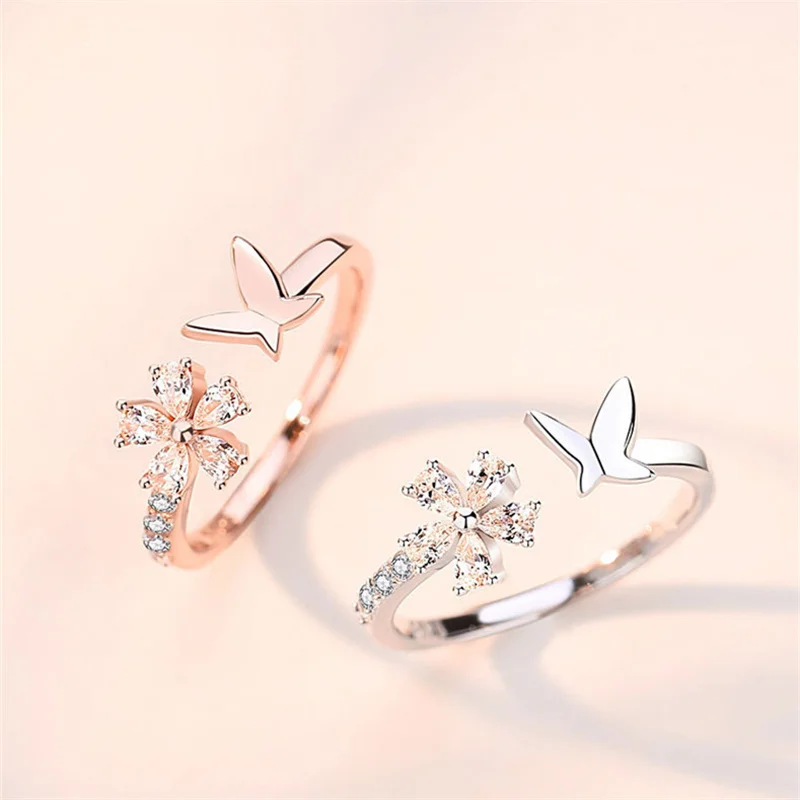 Nádherné Krištáľové Kvet, Motýľ Krúžok Pre Lady Ukazovák Príslušenstvo Romantické Ženy, 925 Sterling Silver Ring Otvorte Veľkosť