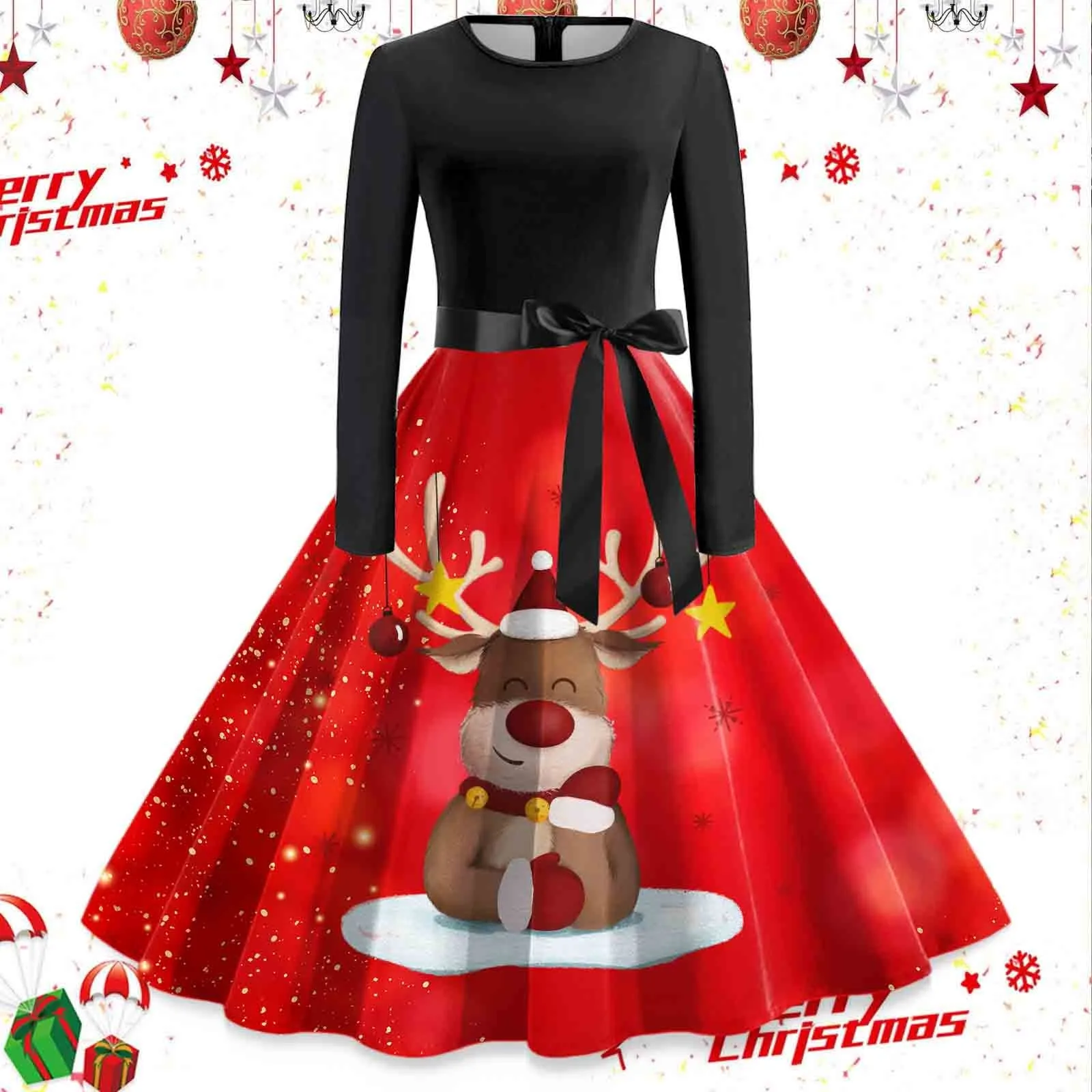 Ženy Vintage Dlhý Rukáv Vianočné Šaty Zimné Swing Elegantné Lacework Party Šaty Župan Bežné Čiernej Tlače Nový Rok Oblečenie